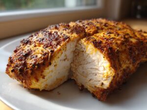 Close-up of a juicy baked chicken breast, seasoned and cut in half to show the moist white interior.