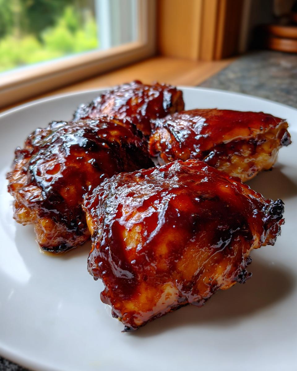 Close-up of four pieces of juicy bbq chicken coated in a thick, dark, glossy barbecue sauce on a white plate.