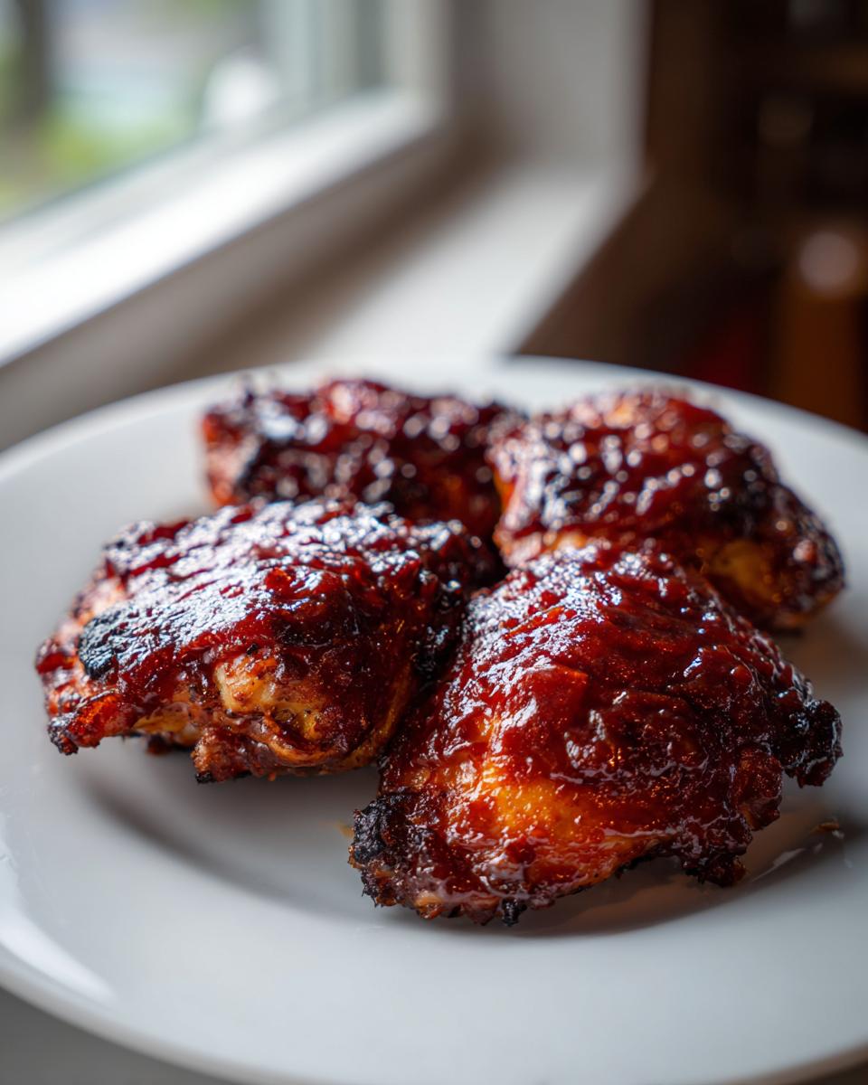 Four pieces of juicy bbq chicken thighs covered in a thick, dark, glossy barbecue sauce, served on a white plate.