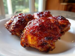 Close-up of four pieces of juicy bbq chicken thighs covered in a thick, glossy, dark red glaze, served on a white plate.