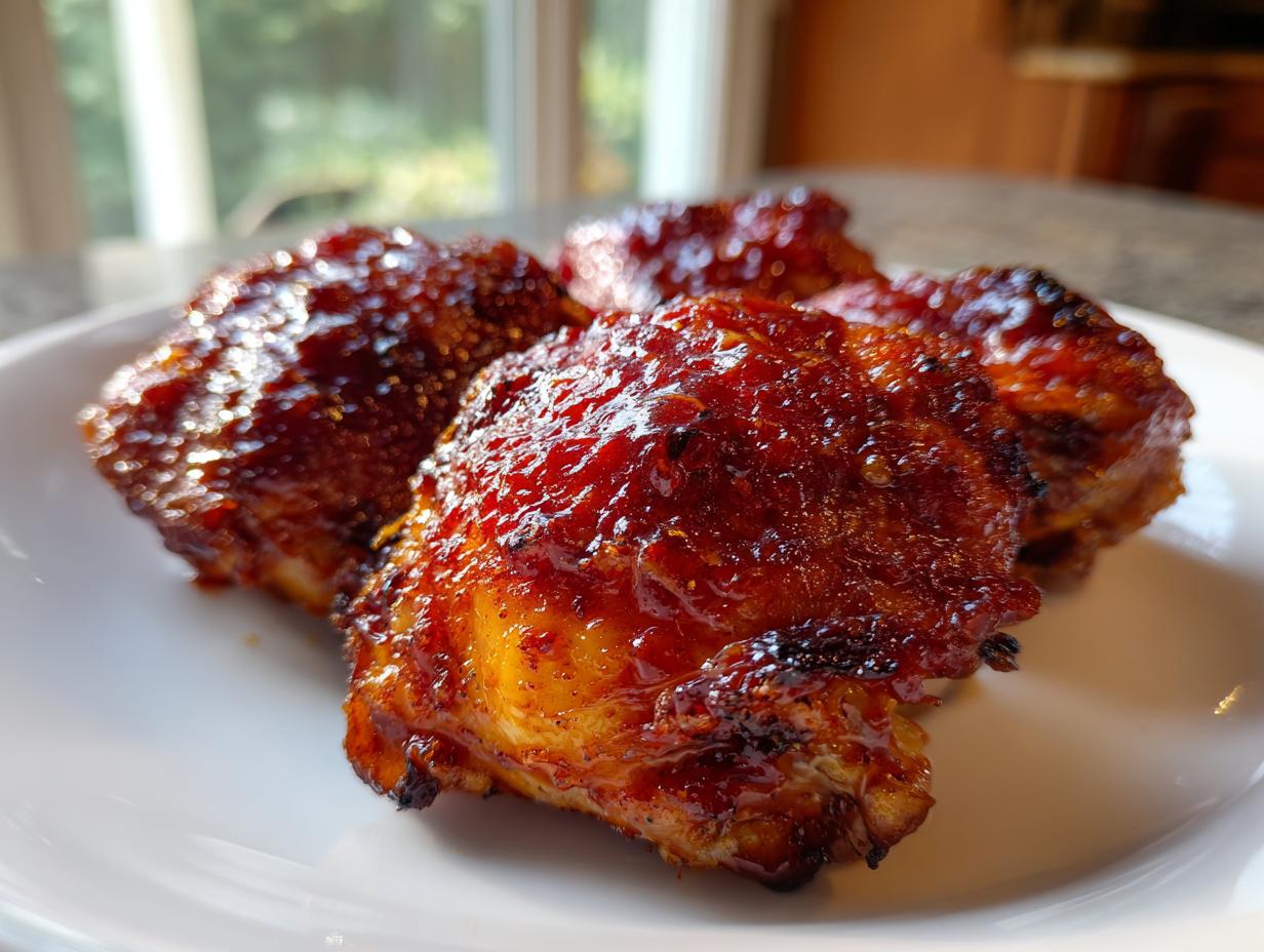 Close-up of four pieces of juicy bbq chicken thighs covered in a thick, glossy, dark red glaze, served on a white plate.