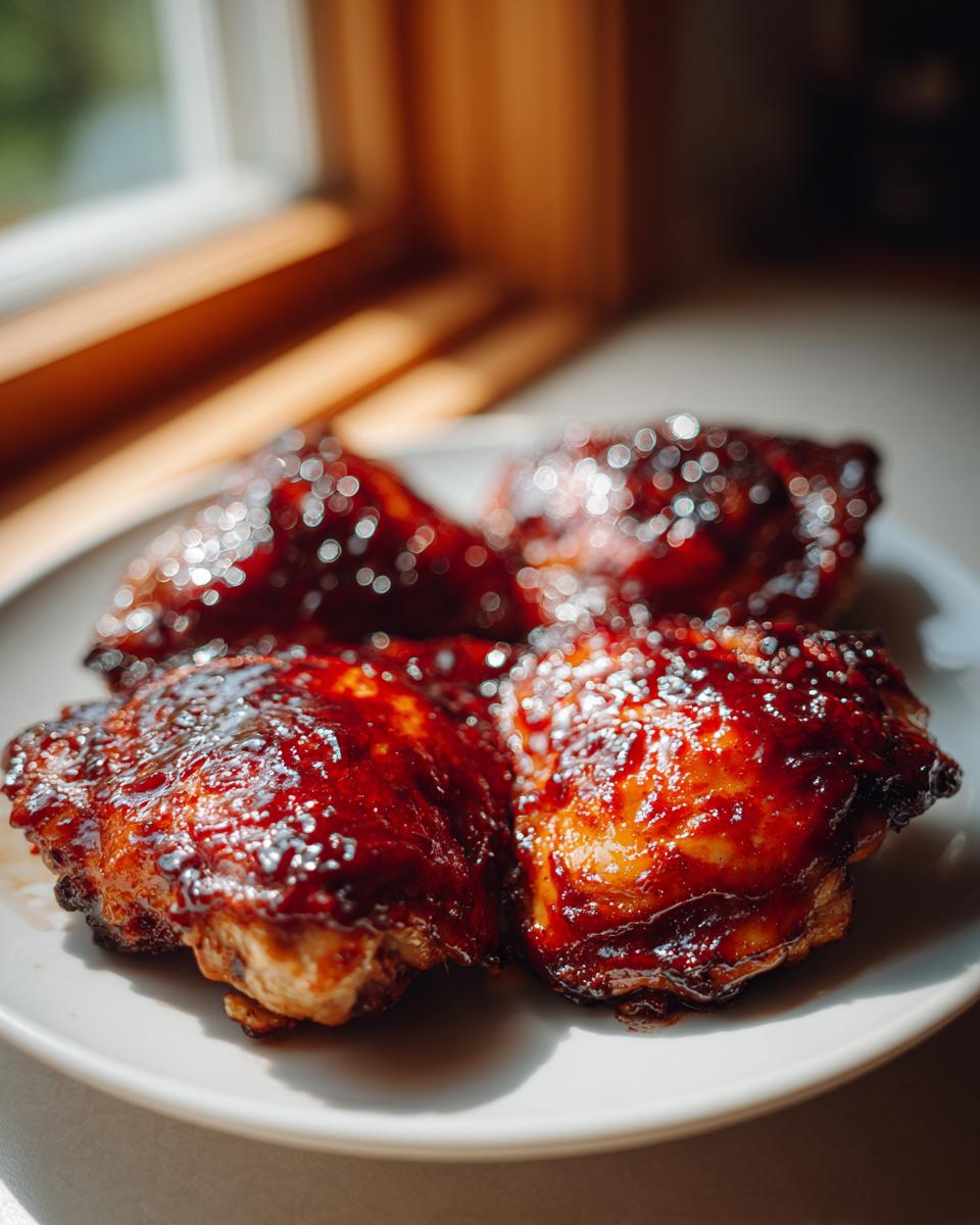Four pieces of juicy bbq chicken thighs coated in a dark, glossy sauce, resting on a white plate near a window.