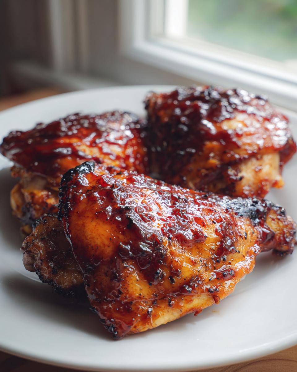 Three pieces of juicy bbq chicken coated in a thick, dark, glistening barbecue sauce, served on a white plate.