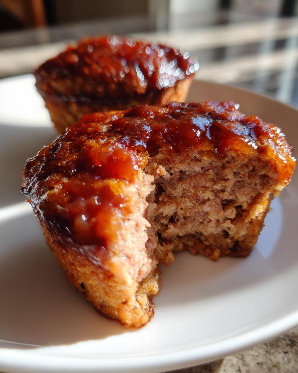 Close-up of a juicy mini meatloaf, bitten into, showing the texture and sweet brown glaze.