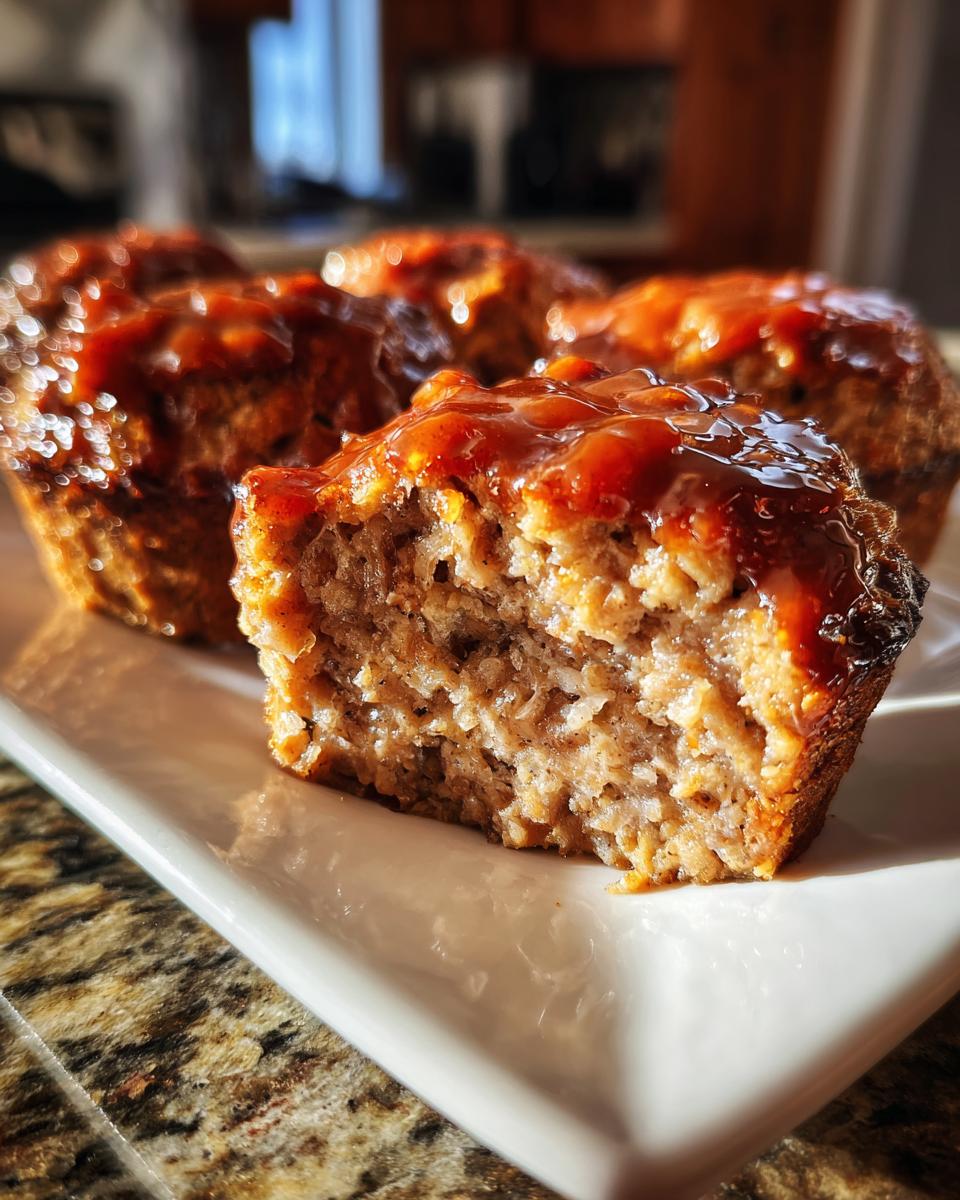 Close-up of a mini meatloaf cut in half showing its moist texture and topped with a shiny brown glaze.