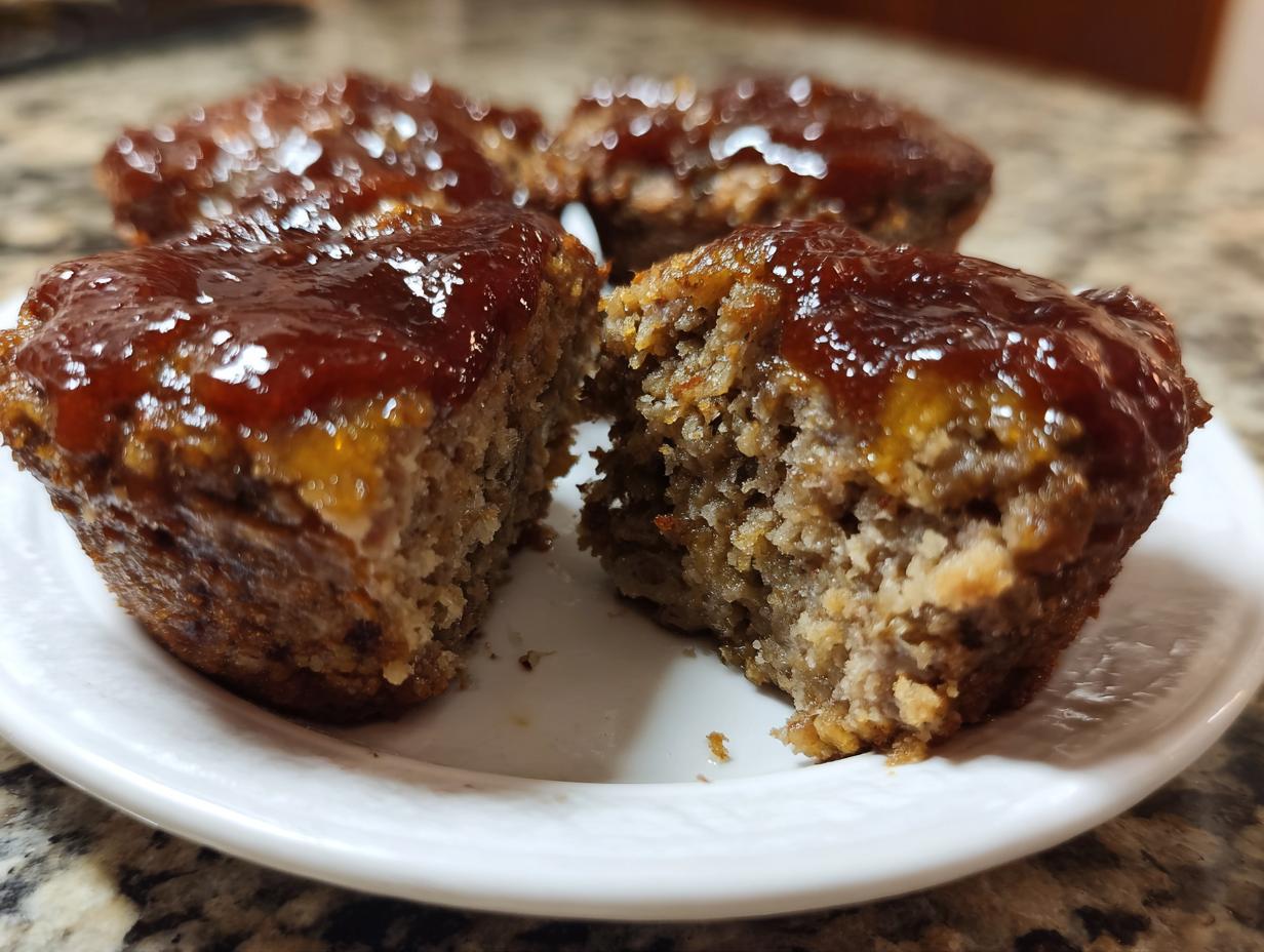Close-up of a juicy mini meatloaf cut in half, showing the texture and thick glaze topping.