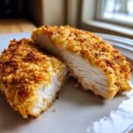 Close-up of juicy parmesan crusted chicken cut in half, showing the white interior and golden crust.