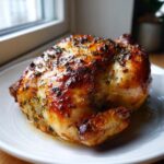 A perfectly cooked, juicy roasted chicken with golden-brown, crisp skin seasoned with herbs.
