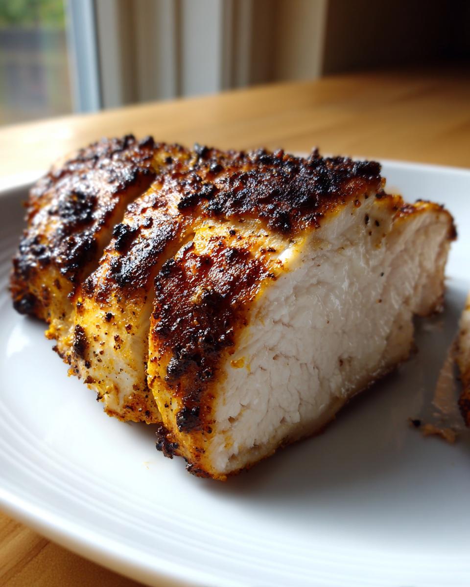 Close-up of perfectly cooked, sliced air fryer chicken breast showing juicy white meat and a dark, seasoned crust.