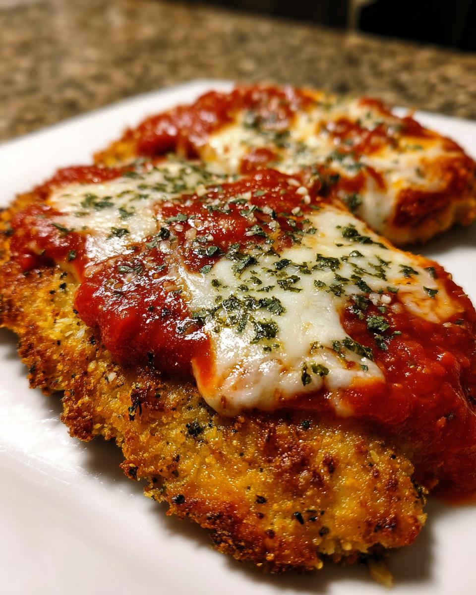 Close-up of two breaded keto chicken parmesan cutlets topped with marinara sauce and melted mozzarella cheese.