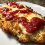 Close-up of a perfectly cooked keto chicken parmesan fillet topped with melted mozzarella and marinara sauce.