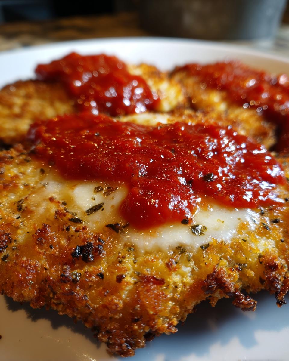 Close-up of golden, crispy keto chicken parmesan topped with melted mozzarella and rich marinara sauce.