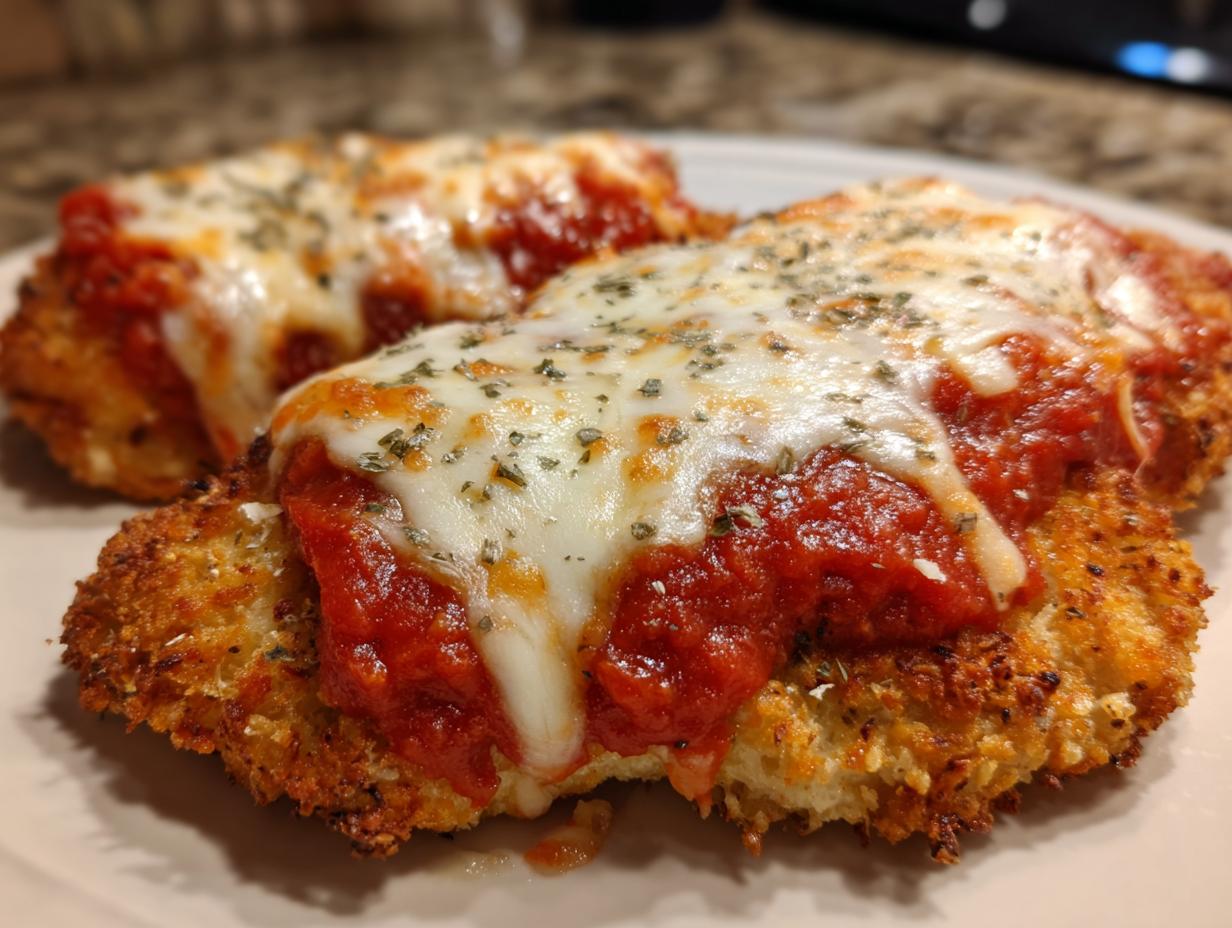 Close-up of two golden-crusted keto chicken parmesan fillets topped with melted mozzarella and marinara sauce.