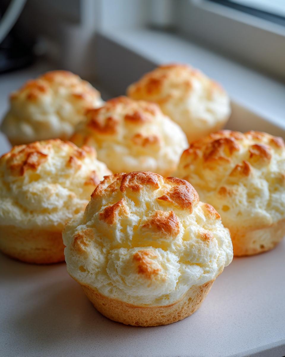 Six golden-brown, fluffy cloud bread muffins arranged on a white surface near a window.