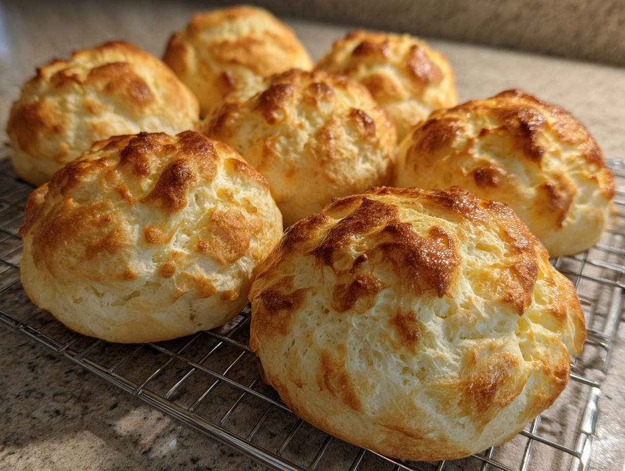 Six golden-brown keto cloud bread rolls cooling on a wire rack after baking.