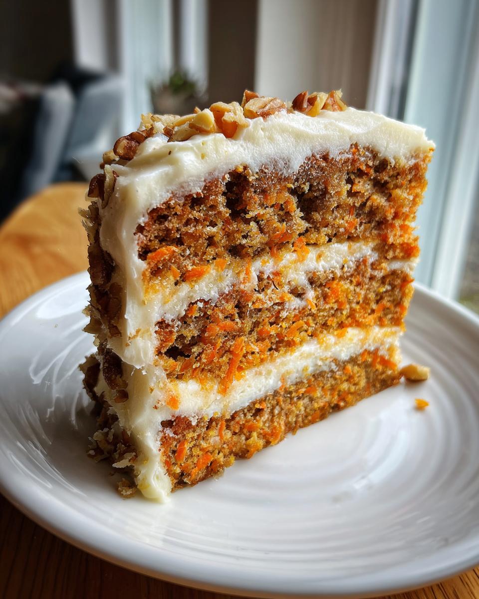 A tall slice of layered carrot cake recipe with visible shredded carrots, cream cheese frosting, and chopped walnuts on top.