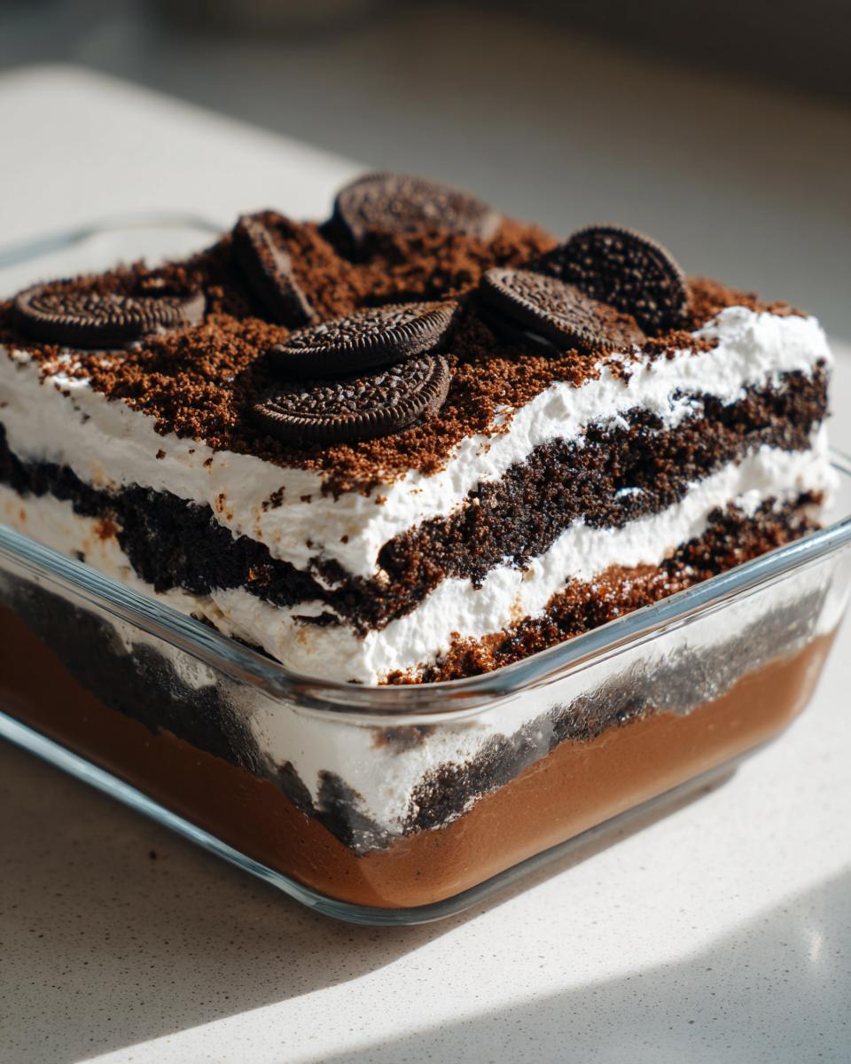Close-up of a layered chocolate dirt cake in a glass dish, topped with whipped cream and whole Oreo cookies.