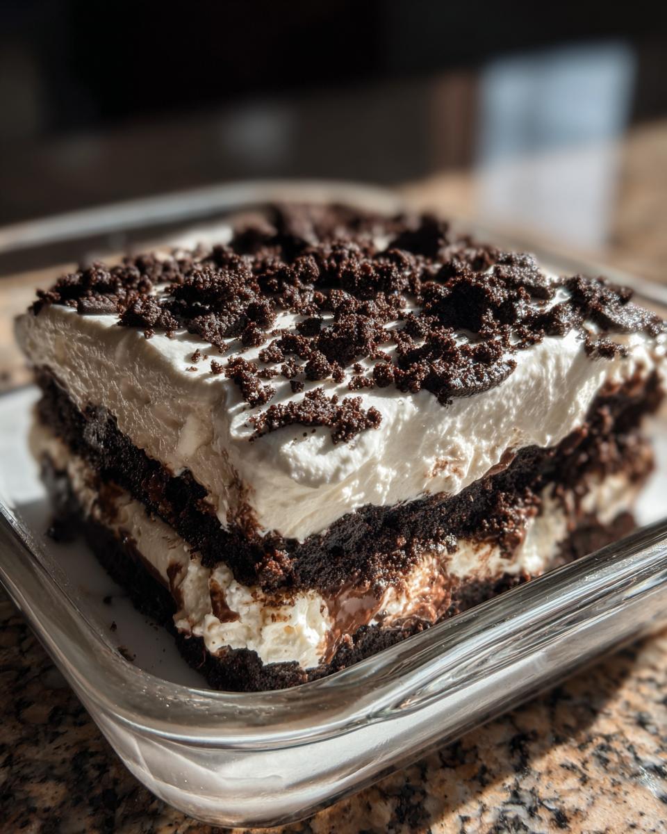 A rich, layered slice of chocolate dirt cake featuring creamy filling and crushed cookie topping in a clear glass dish.