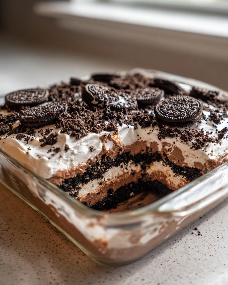 A square glass dish showing a scooped-out portion of layered dirt cake topped with whipped cream and whole Oreos.