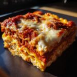 A close-up, appetizing slice of lazy lasagna showing layers of pasta, rich meat sauce, and melted mozzarella cheese.
