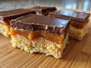 Close-up of three squares of homemade Twix bars showing shortbread, gooey caramel, and chocolate topping.