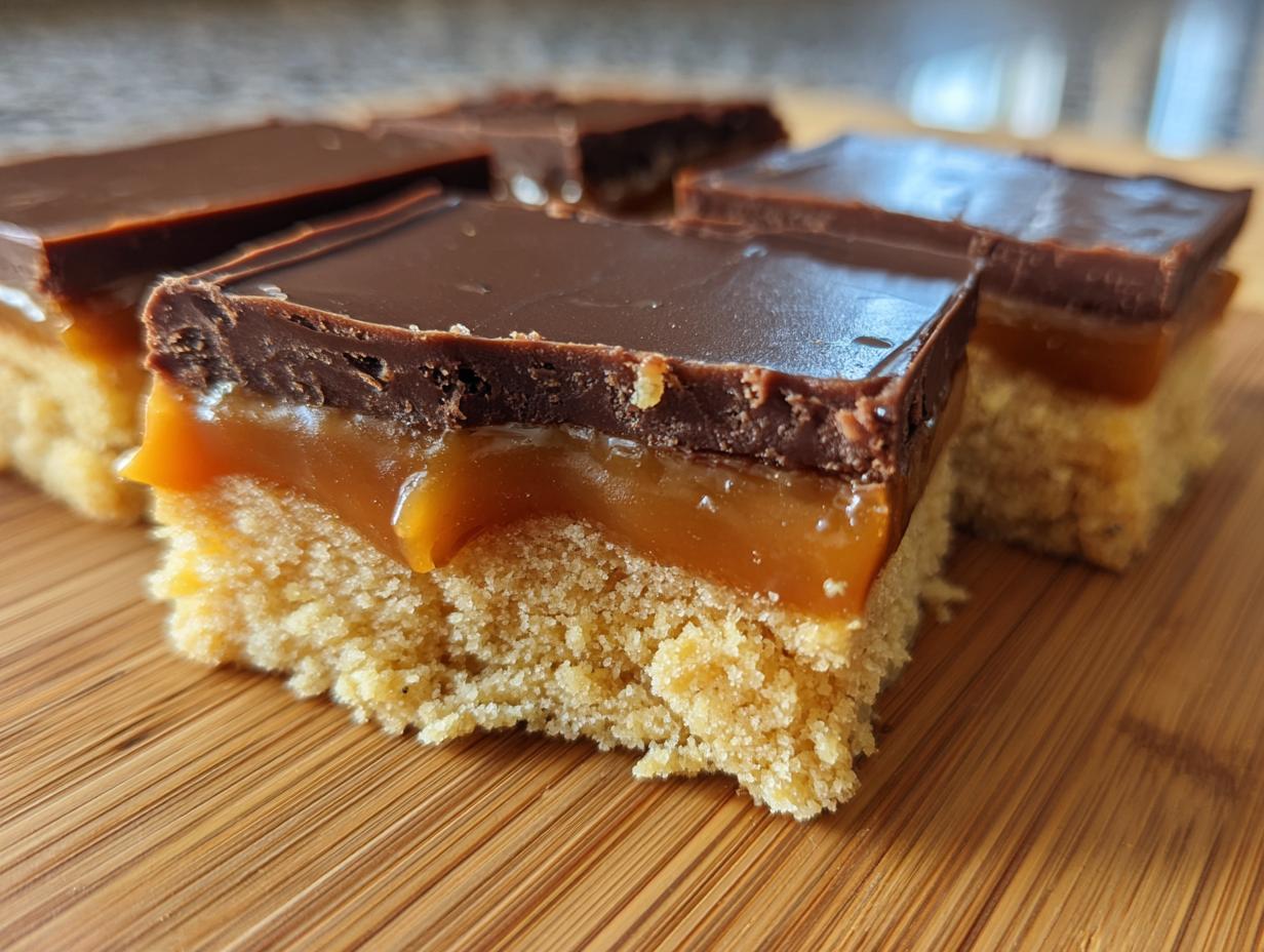 Close-up of three squares of homemade Twix bars showing shortbread, gooey caramel, and chocolate topping.