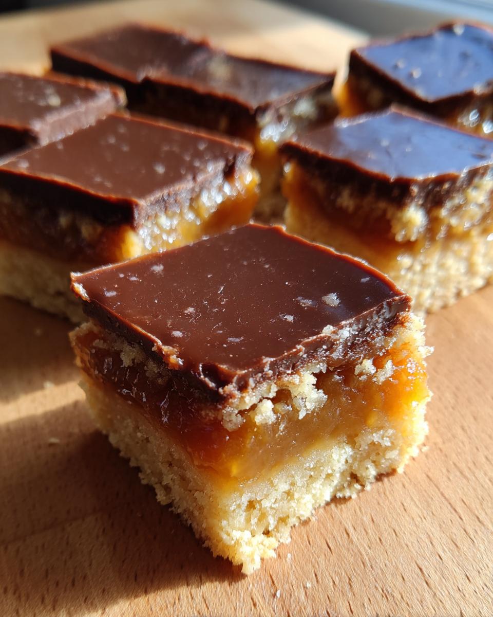 Close-up of a square, layered homemade Twix bar showing shortbread base, caramel layer, and chocolate topping.
