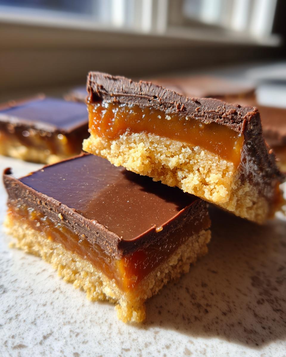 Close-up of a low-calorie Twix recipe bar showing shortbread base, thick caramel layer, and chocolate topping.