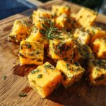Close-up of bright orange cubes of marinated cheese heavily coated in green herbs and rosemary sprigs.
