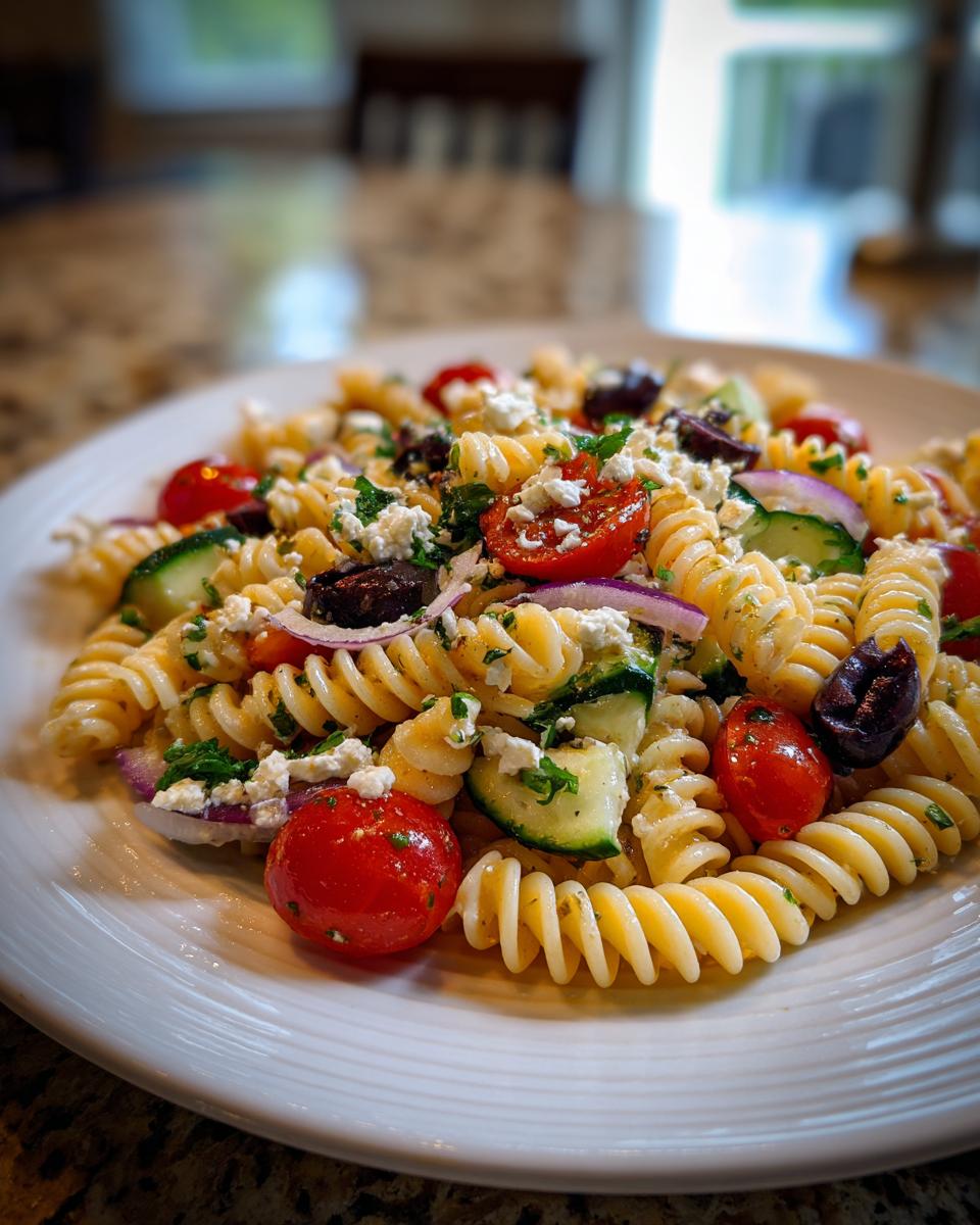 A close-up of a serving of mediterranean pasta salad featuring rotini pasta, cherry tomatoes, cucumbers, red onion, and feta cheese.