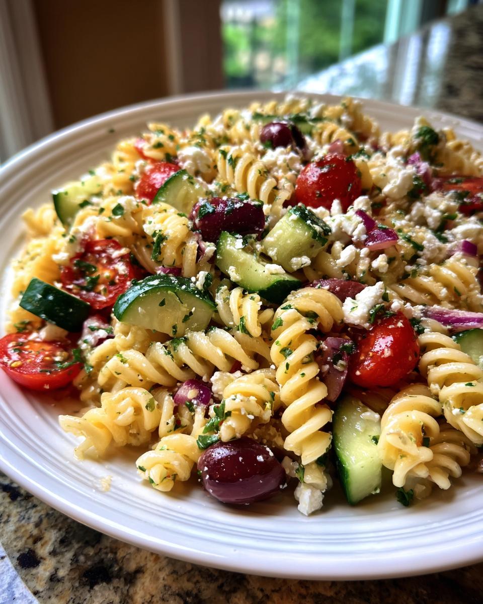 A close-up shot of a serving of mediterranean pasta salad featuring rotini pasta, cucumbers, tomatoes, olives, and feta cheese.