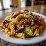 A vibrant plate of mediterranean pasta salad featuring rotini pasta, zucchini, tomatoes, Kalamata olives, and feta cheese.