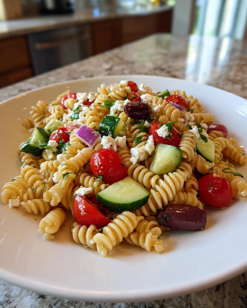 Close-up of a serving of mediterranean pasta salad featuring rotini pasta, cherry tomatoes, cucumber, feta, and Kalamata olives.