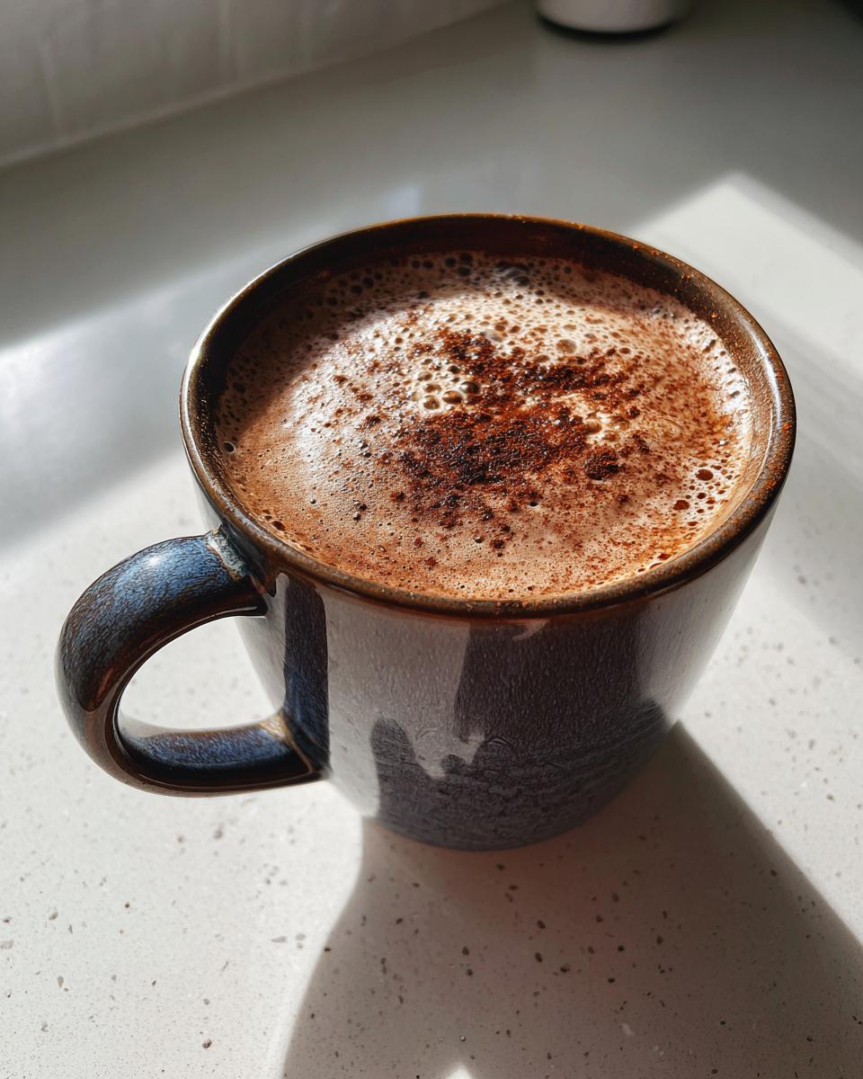 A close-up of a steaming mug of Mexican hot chocolate, topped with foam and a dusting of spice.
