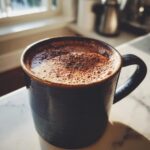 Close-up of a dark mug filled with frothy Mexican hot chocolate, dusted with cocoa powder.