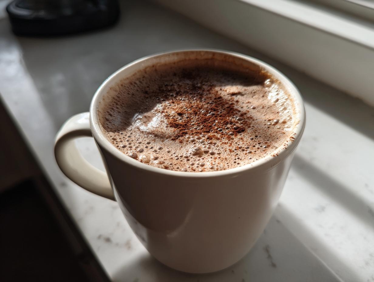 Close-up of a steaming mug of Mexican hot chocolate topped with foam and cinnamon.