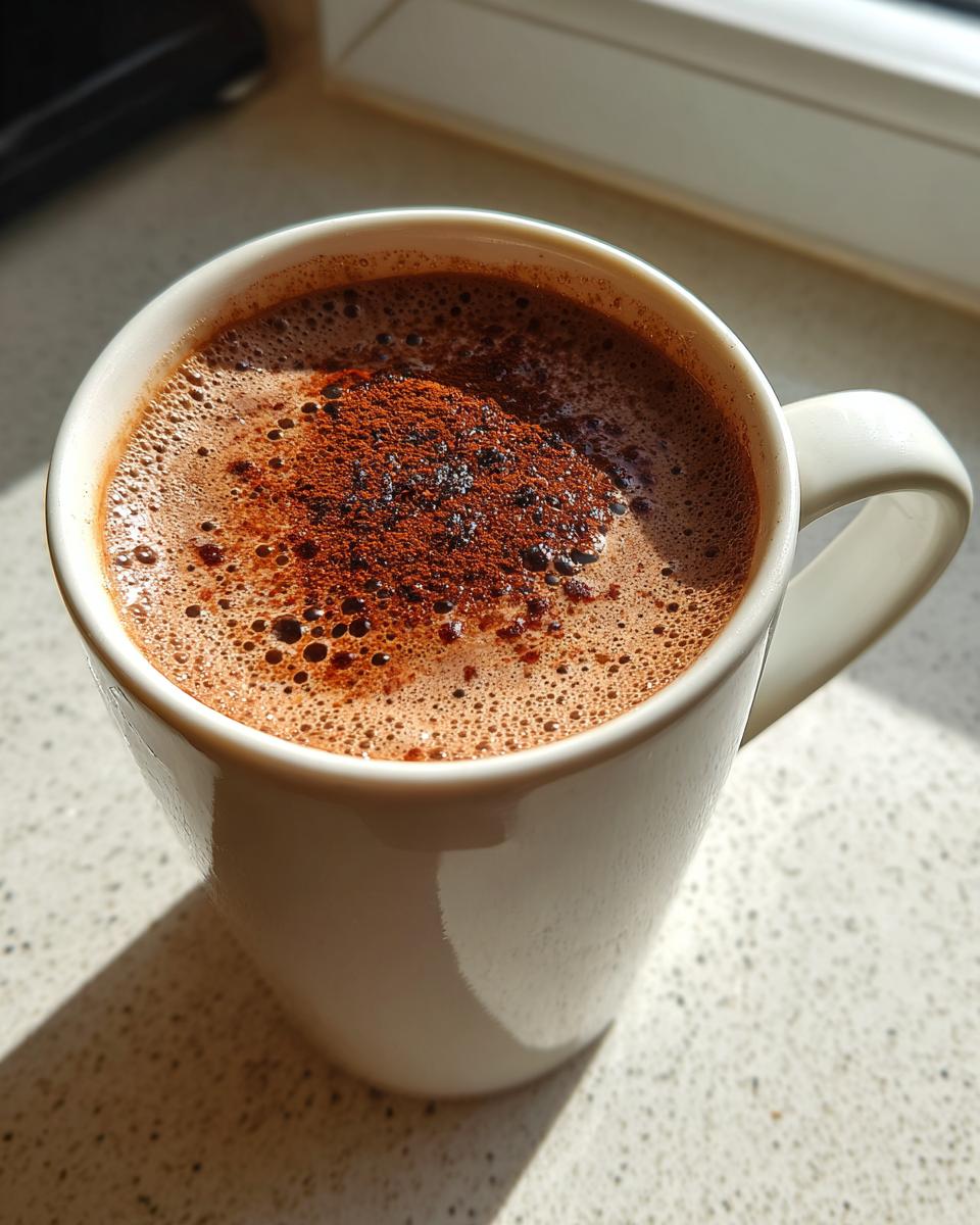 Close-up of a frothy, rich Mexican hot chocolate topped with cocoa powder in a white mug.