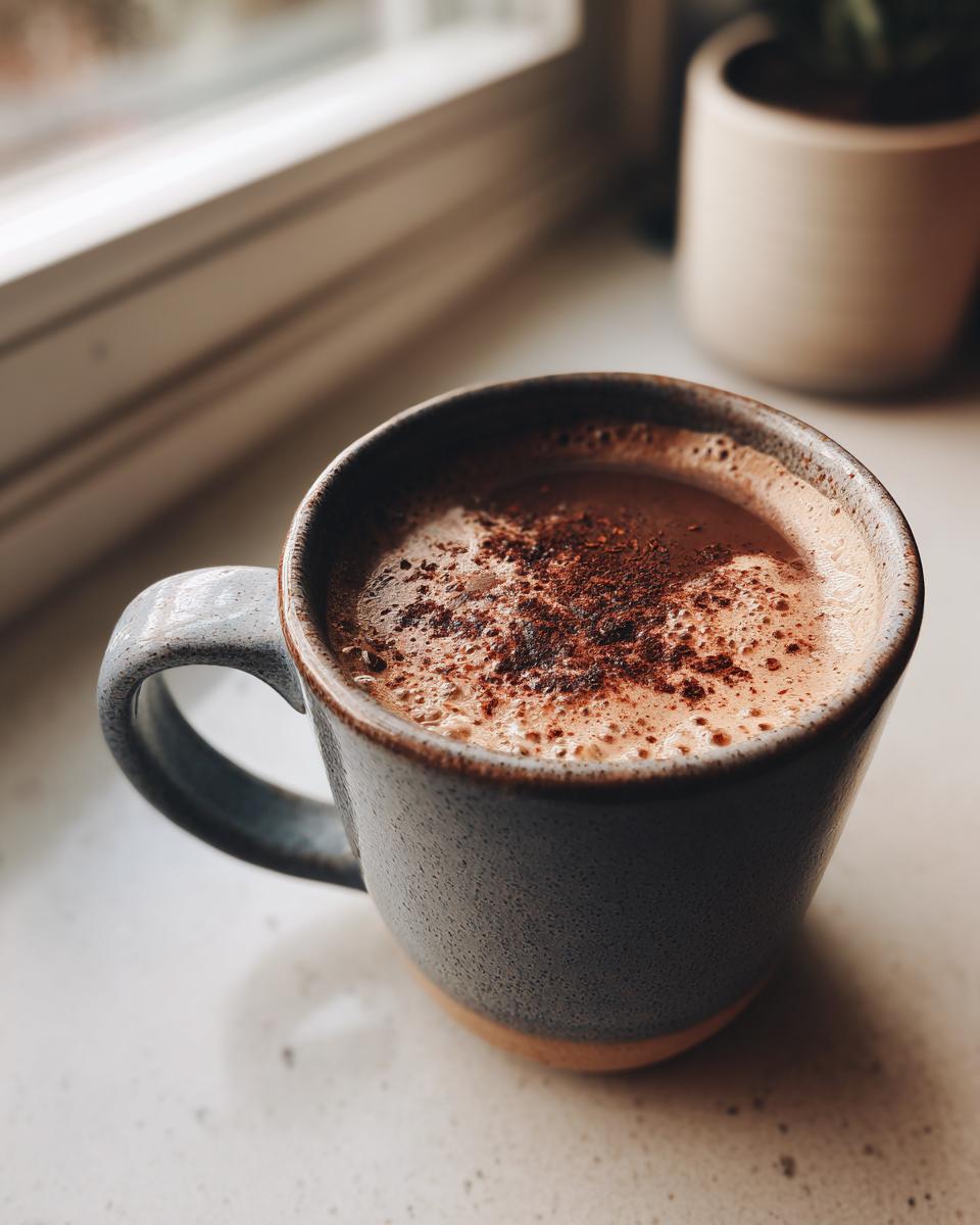 A close-up of a steaming mug of Mexican hot chocolate topped with cocoa powder, sitting by a window.