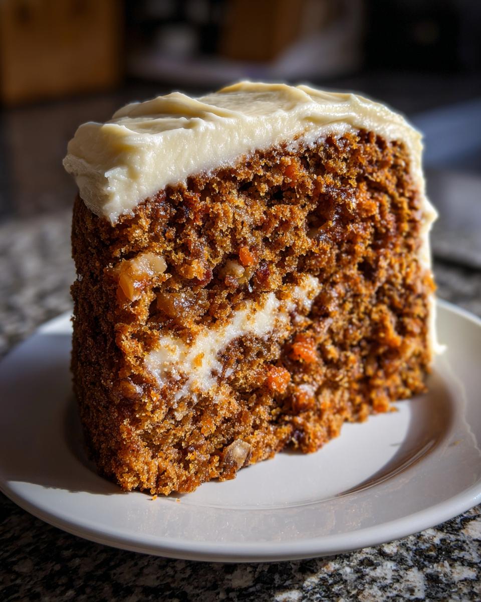 Close-up of a moist slice of applesauce cake with visible nuts and a thick layer of cream cheese frosting.