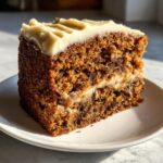 Close-up of a moist slice of applesauce cake layered with cream cheese frosting, highlighted by sunlight.