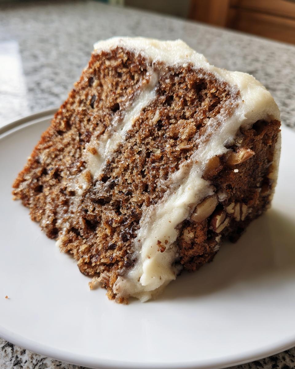 A close-up of a moist slice of applesauce cake, featuring a rich brown crumb and thick layer of cream cheese frosting.