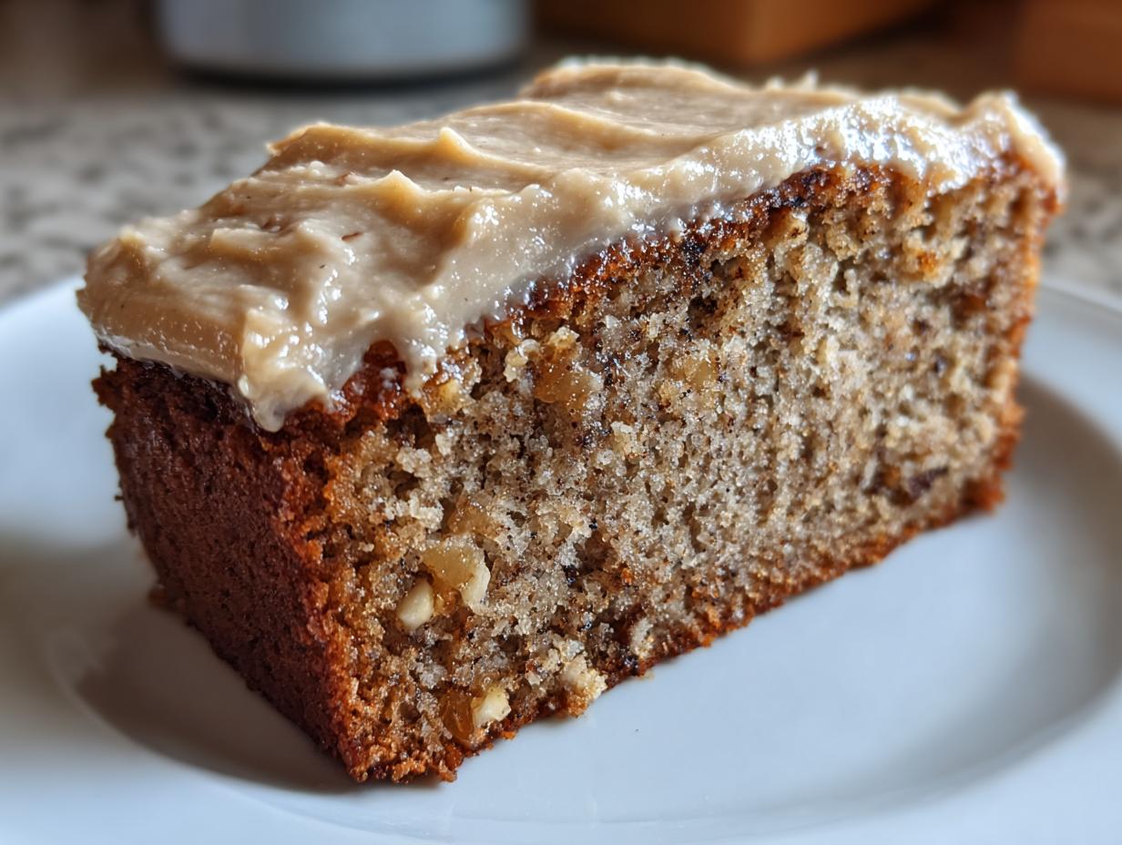 Close-up of a moist slice of applesauce cake topped with thick, creamy brown sugar frosting on a white plate.