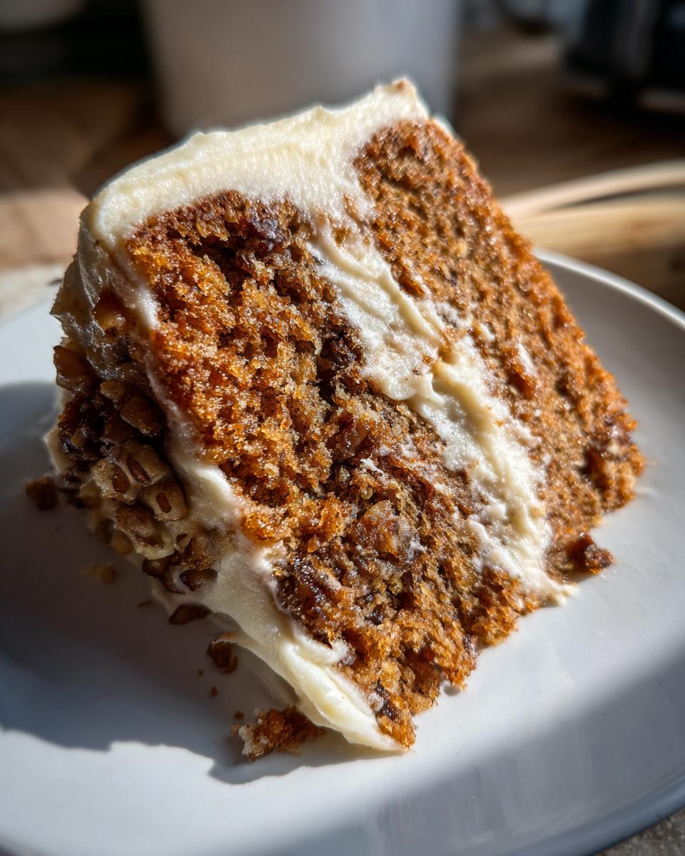 Close-up of a moist slice of applesauce cake layered with thick cream cheese frosting and nuts.
