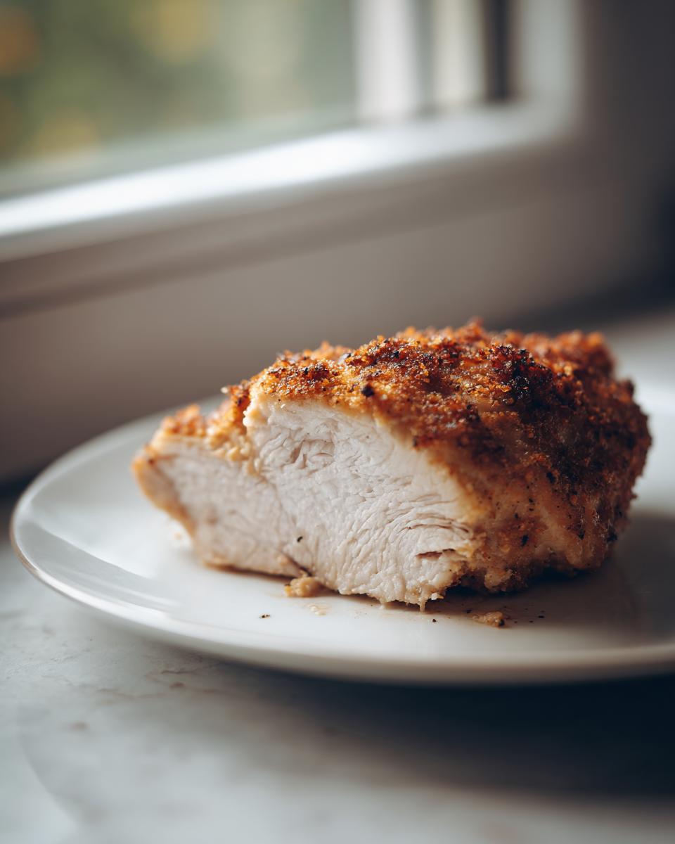Cross-section of a perfectly cooked, moist baked chicken breast with a golden, crispy breadcrumb coating.