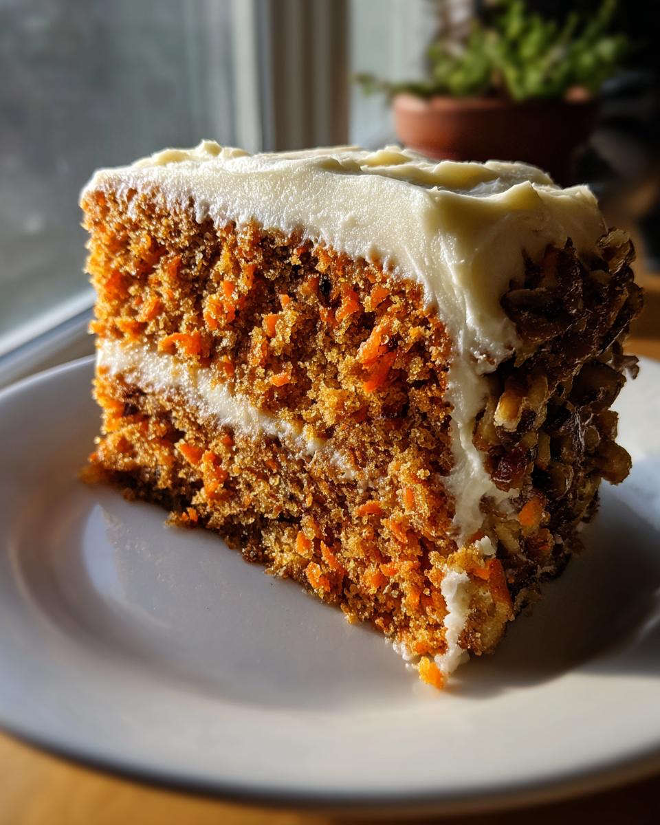 A thick slice of homemade carrot cake recipe, showing moist texture and cream cheese frosting, garnished with nuts.