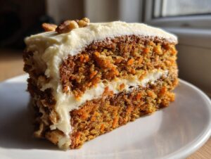 Close-up of a delicious slice of carrot cake recipe, showing visible shredded carrots and thick cream cheese frosting topped with pecans.