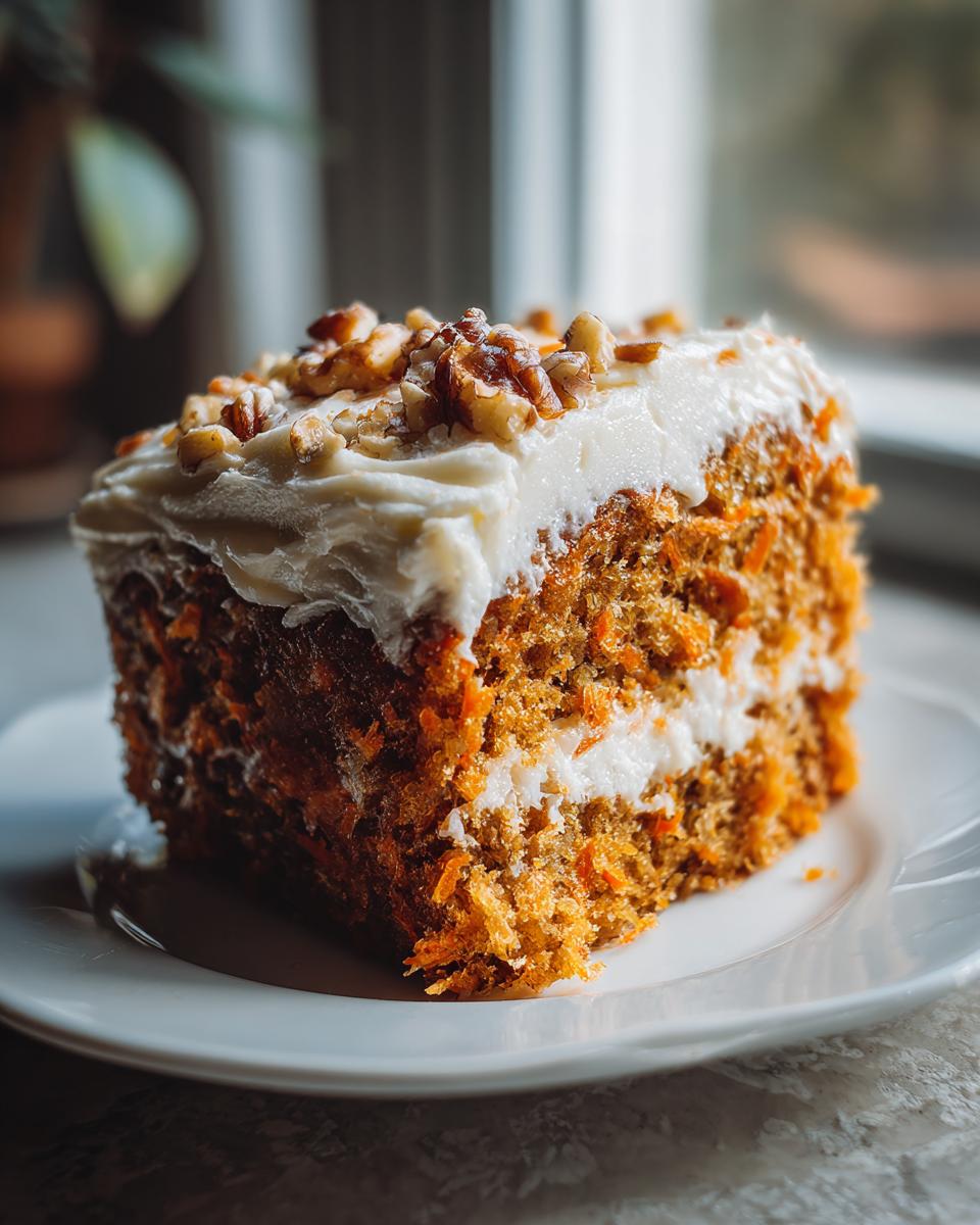 A close-up of a rich slice of carrot cake recipe on a white plate, topped with cream cheese frosting and walnuts.
