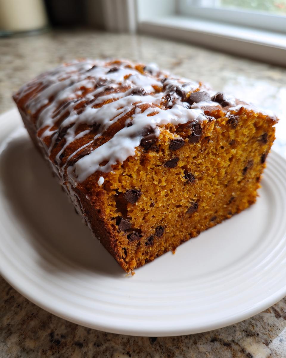 A close-up of a slice of moist pumpkin bread loaded with chocolate chips and drizzled with white icing.