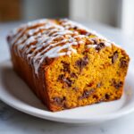 A close-up of a freshly baked, moist pumpkin bread loaf studded with chocolate chips and drizzled with white icing.