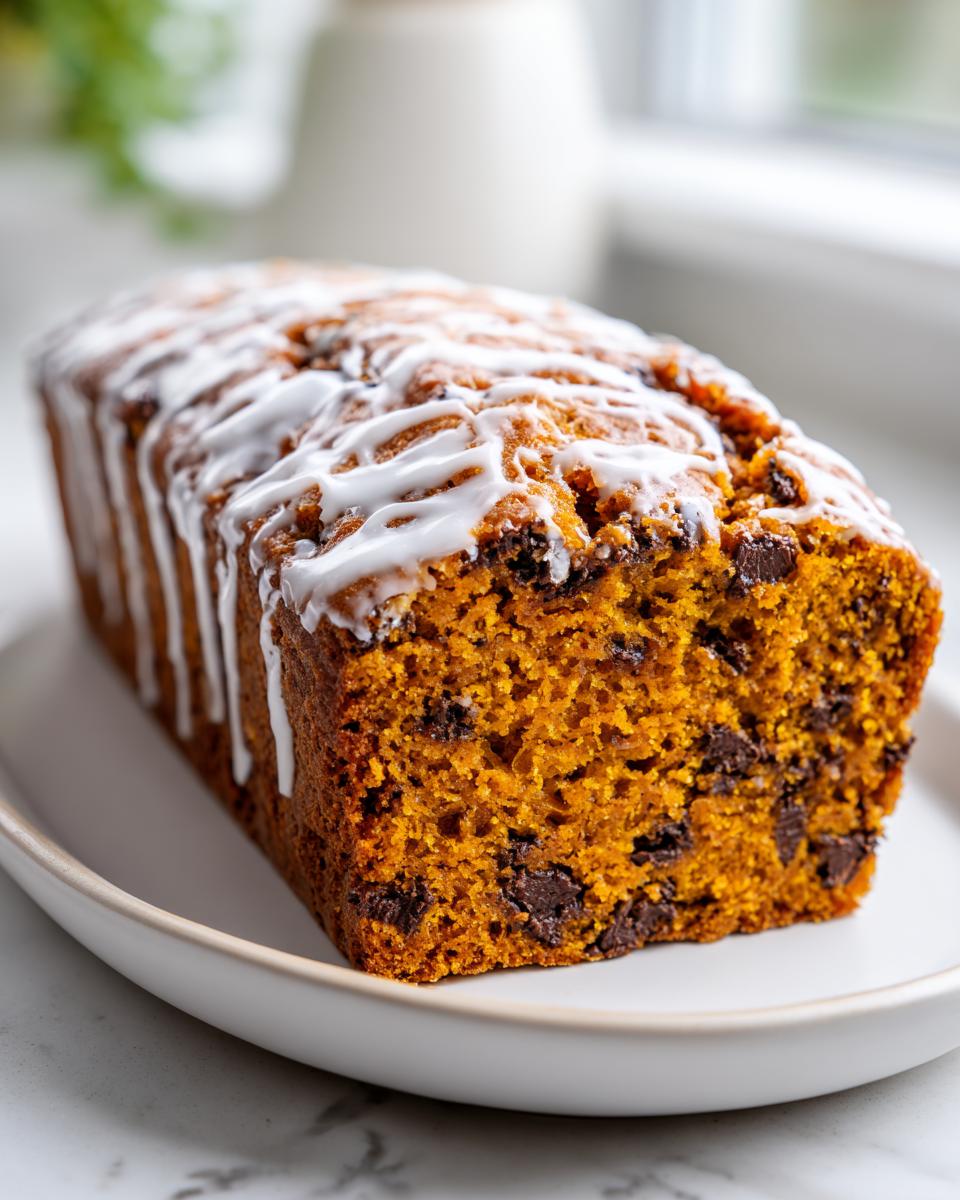 Close-up of a moist chocolate chip pumpkin bread loaf drizzled with white icing, resting on a white plate.